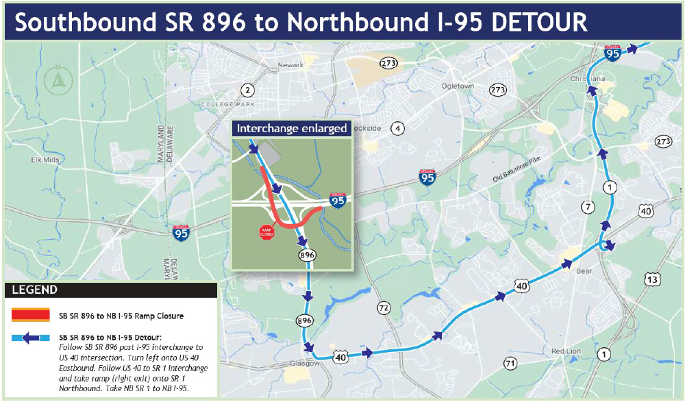 DETOURS: Northbound SR 896 & NB 896 to NB I-95 Ramp Closures Detailed maps outlining the detour and routes.